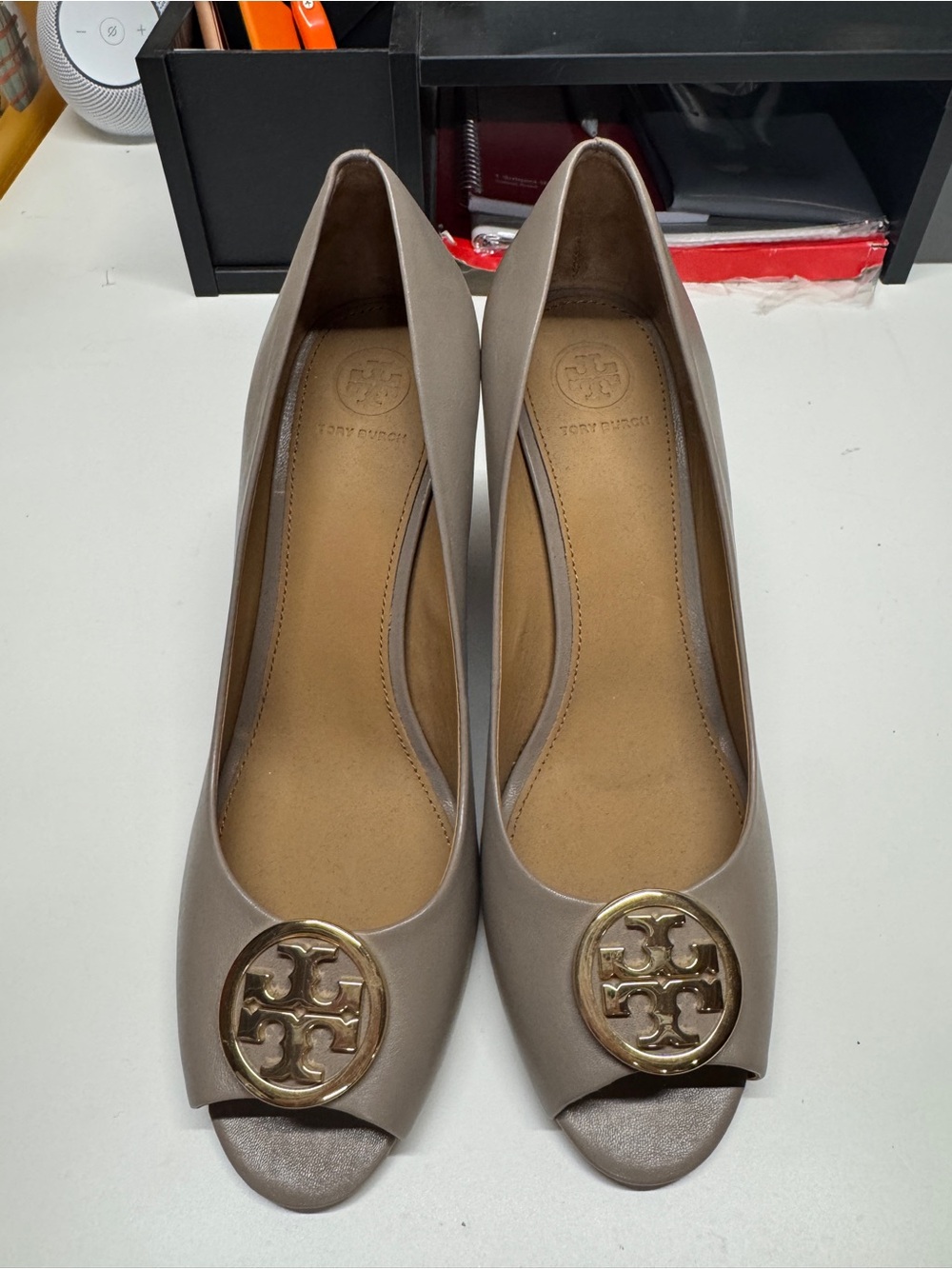 Tory Burch Taupe Wedge Peep-Toe Shoes with Gold Logo Medallion